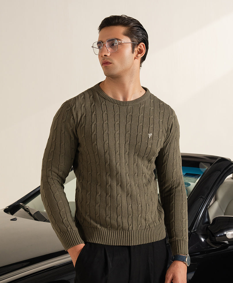 Olive Evo Zone Cable Knit Sweater