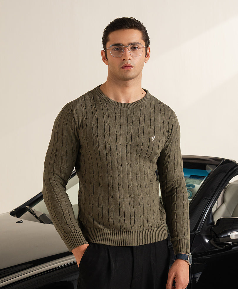 Olive Evo Zone Cable Knit Sweater
