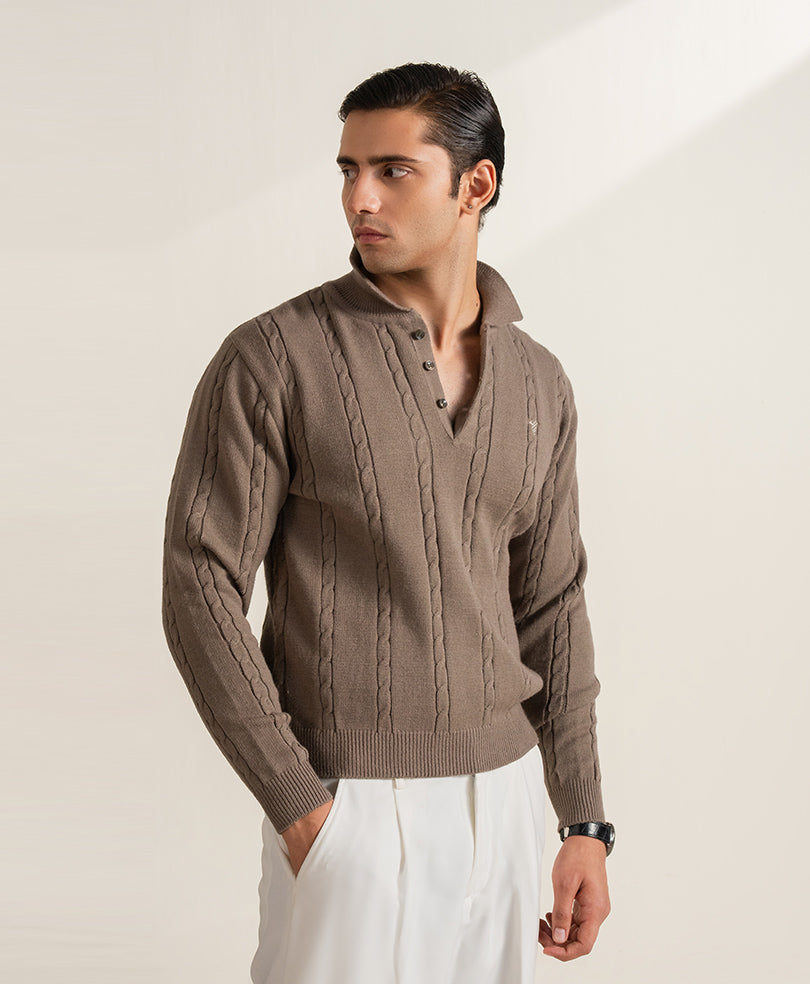 Stone Grey Full Sleeve Cable Knit POLO Evo Zone
