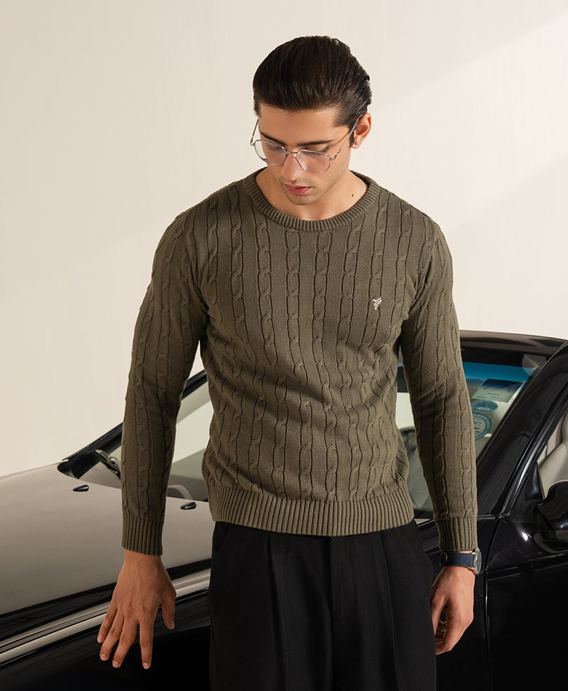 Olive Evo Zone Cable Knit Sweater