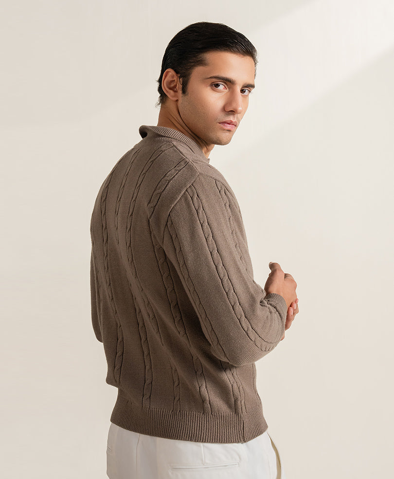 Stone Grey Full Sleeve Cable Knit POLO Evo Zone