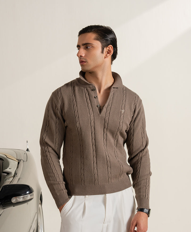 Stone Grey Full Sleeve Cable Knit POLO Evo Zone