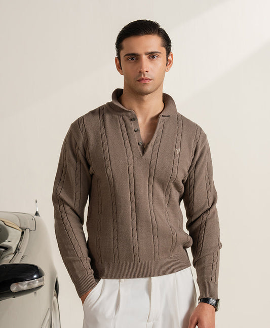 Stone Grey Full Sleeve Cable Knit POLO Evo Zone