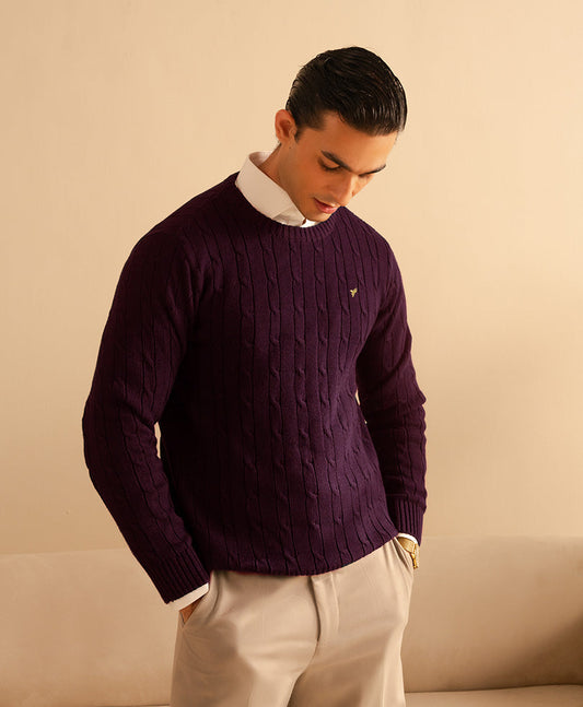 Evo Zone Dk Purple Cable Knit Sweater