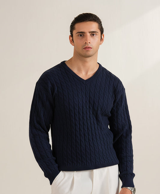 DK Evo Zone Navy Cable Knit V-Neck Sweater