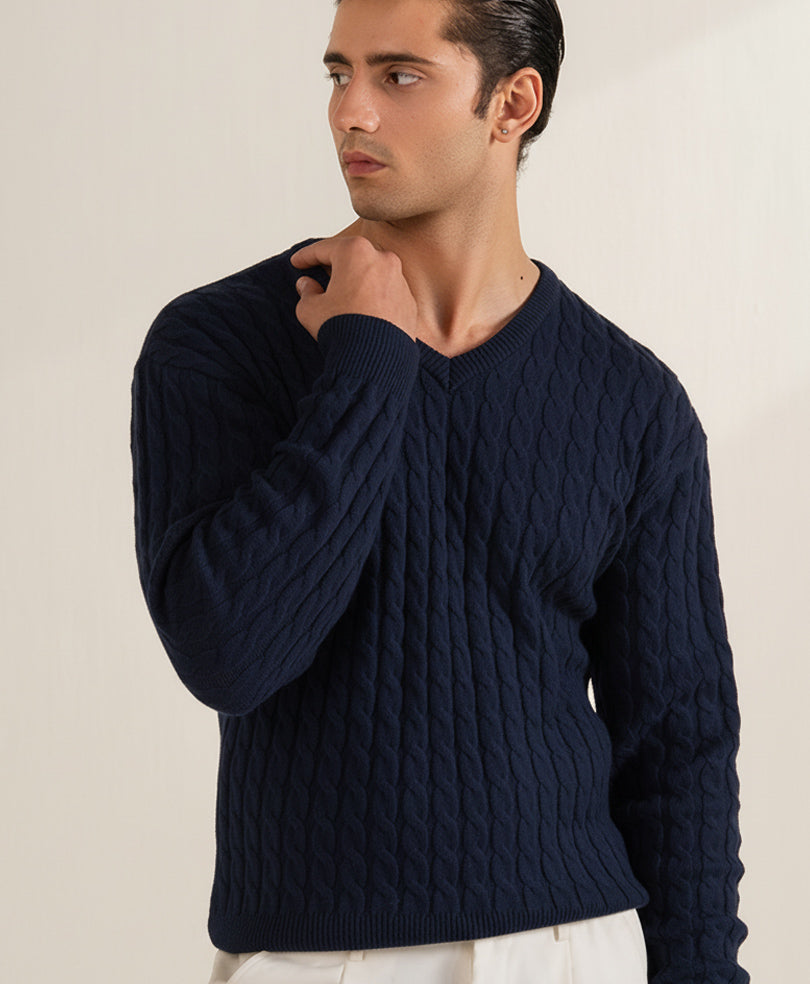 DK Evo Zone Navy Cable Knit V-Neck Sweater