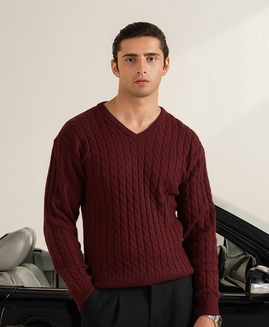 Rustic Maroon Cable Knit V-Neck Sweater Evo Zone