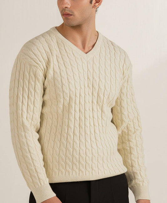 Evo Zone OFF White V-Neck Cable Knit Sweater
