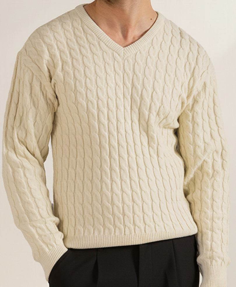 Evo Zone OFF White V-Neck Cable Knit Sweater