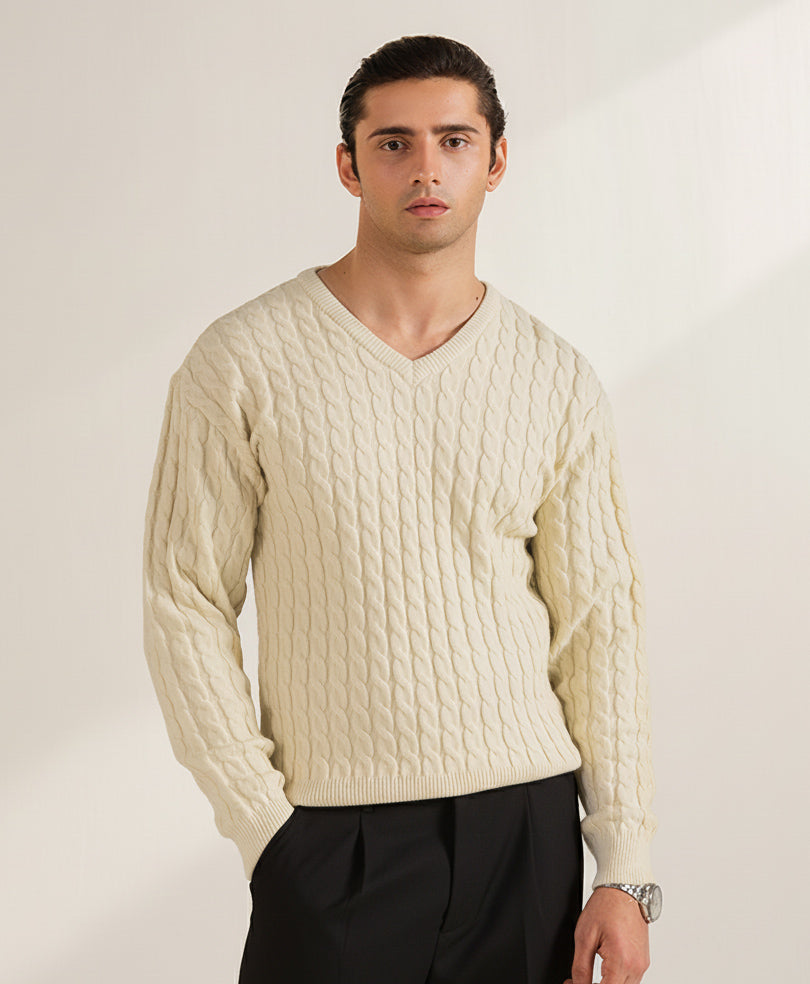 Evo Zone OFF White V-Neck Cable Knit Sweater